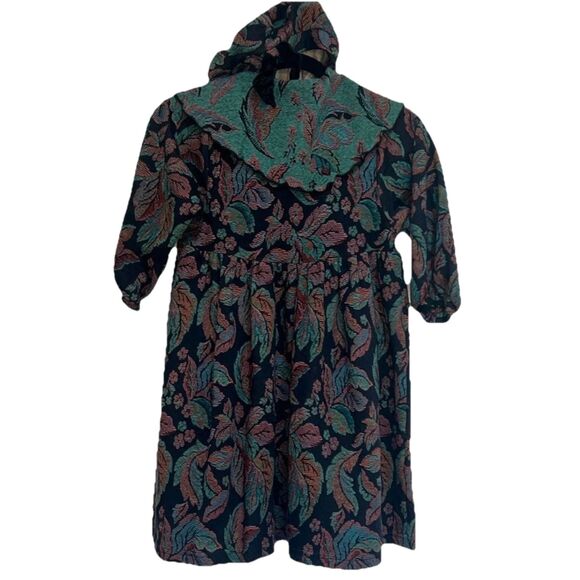 Vintage Floral Tapestry Dress & Bonnet Girls 6 Jacquard Fall Holiday Cottagecore - Picture 2 of 11